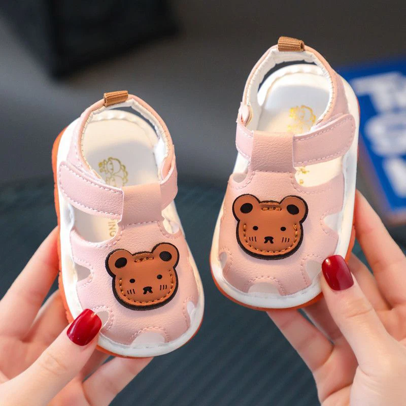 Summer Baby Shoes Cartoon Bear Pattern Infant Anti-Slip Sandals Solid Color Toddler First Walkers Crib Shoes for Girl Boy 0-18M 1