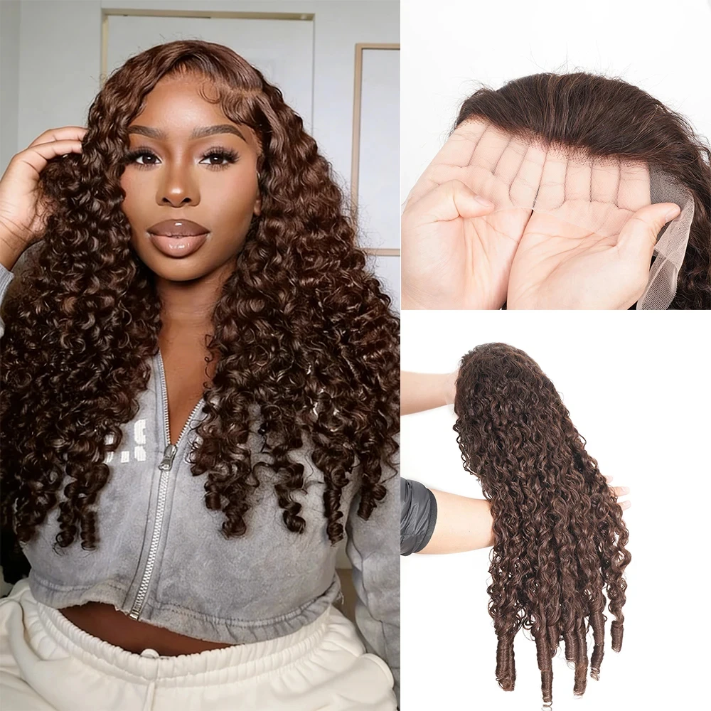 Rosslyn Chocolate Brown Human Hair Wig Burmese Curly Hair Wig Deep Wave Wigs Water Wave High Density Lace Wigs Pre Plucked 5