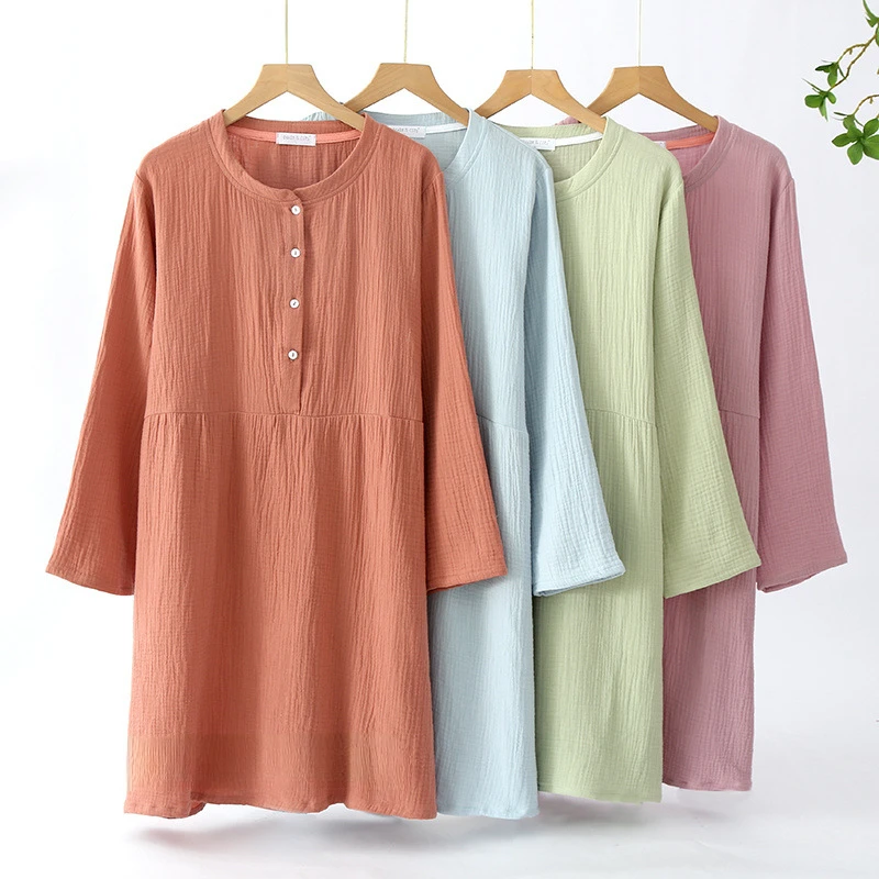 

Soft and Comfortable Nightdress Women's Cotton Yarn Washed Crepe Gauze Round Neck Long Sleeve Nightgowns Perfect for Home Wear