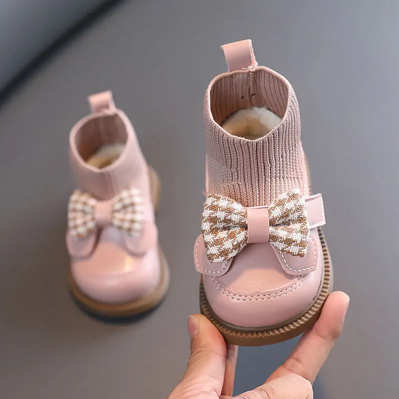 Infant Girl\'s Sock Boots Children Casual Knitted Short Boot  Winter Chunky Bow Elegant Cute Toddler Girl Patent Leather Shoes