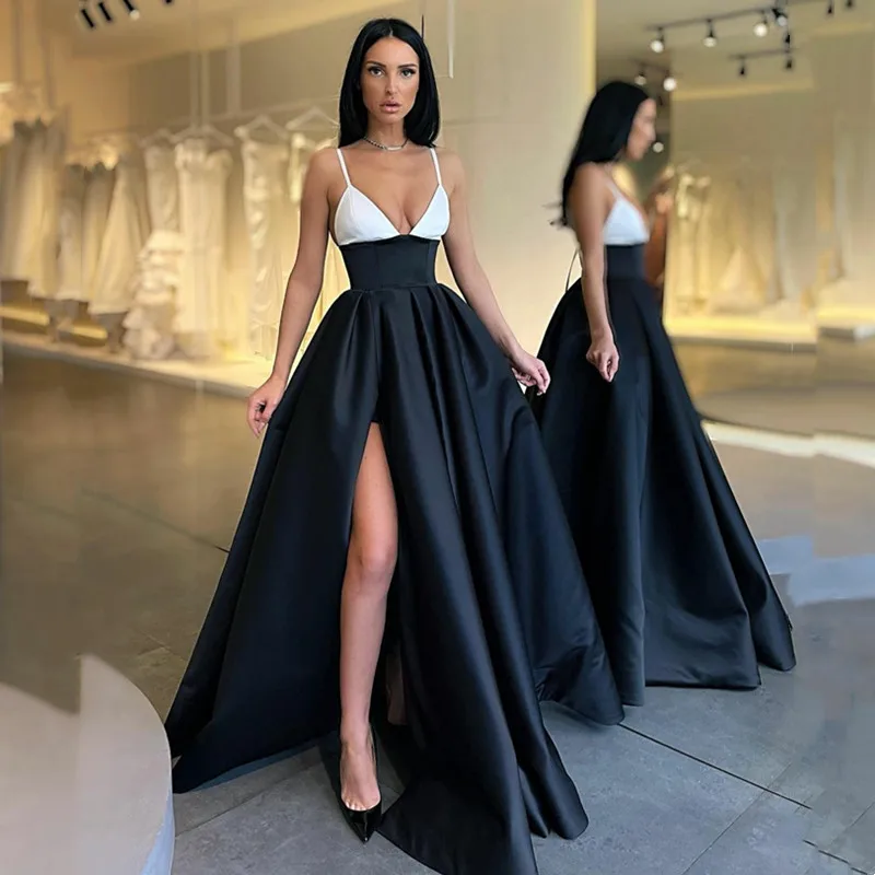 

Sexy V-Neck Female Prom Dresses With Pockets Spaghetti Straps High Slit Ball Gown For Women Custom Made Satin Vestidos De Noche