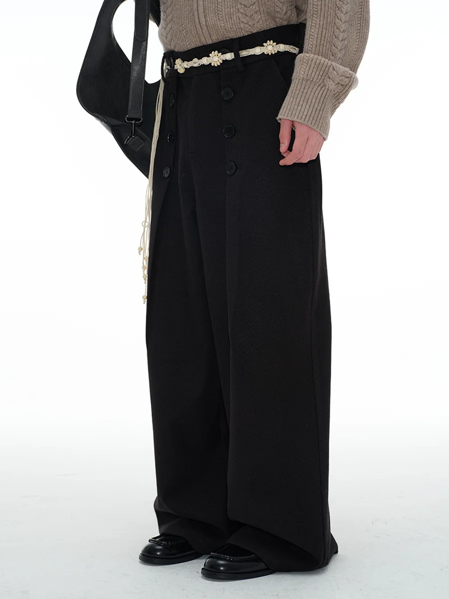 JCAESAR Button Pants with 2 Resin Buttons Woolen Fabric Pleated