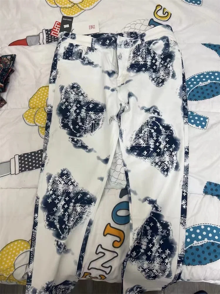 Exquisite Textured Jeans Men's Gradient Slim Fit Cross Print White Pants Cotton Breathable Soft High Stretch Luxury Summer 2024