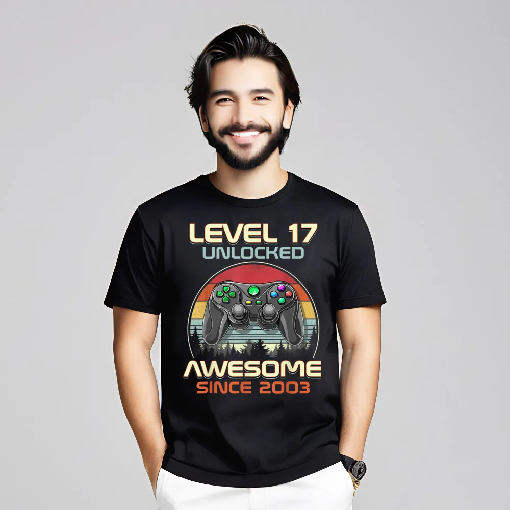 Premium Cotton Mens Short Sleeve Boys Level 17 Unlocked Funny Tshirts Normal Tees Graphic Graphic Crew Neck Tops T Shirt Boys Level 17 Unlocked Funny Video Gamer 17th Birthday Gift T-Shirt__19986