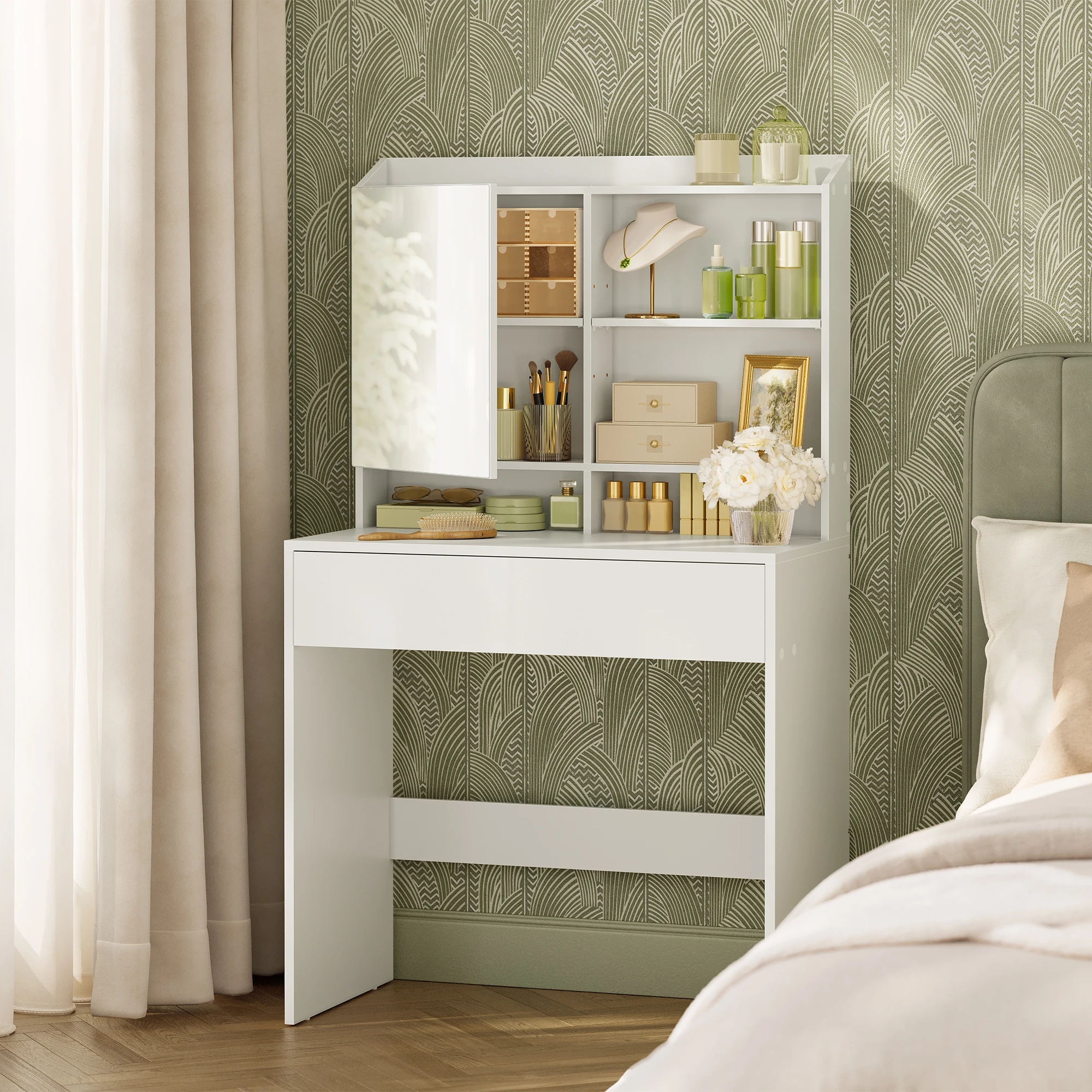 VASAGLE Dressing Table, Makeup Table with Mirror, Vanity Table with Adjustable Shelves, Drawer, Storage Cabinet, White