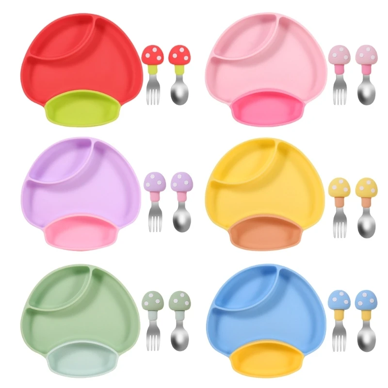 

Silicone Suction Plate with Fork & Spoon for Toddlers Self Feeding Training Divided Plate Dish for Babies & Toddlers