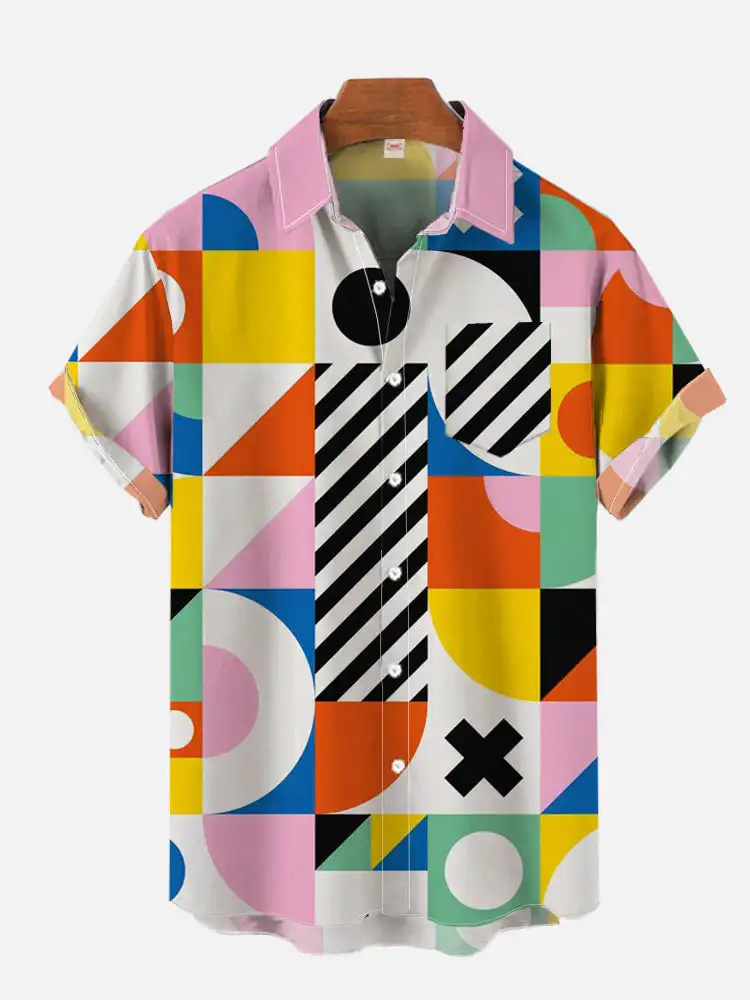 Cartoon Animated Characters Summer Classic Style Patchwork Retro Hawaii Shirt Colorful Geometric Color Print Short Floral Blouse 3