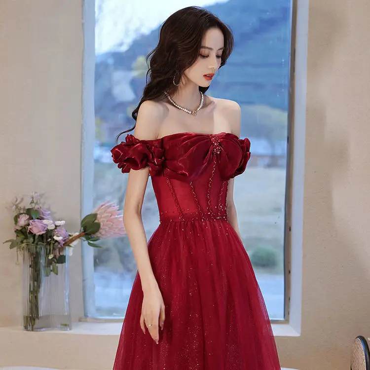 New wine sweat off shoulder lady girl women princess bridesmaid banquet prom party performance dress gown