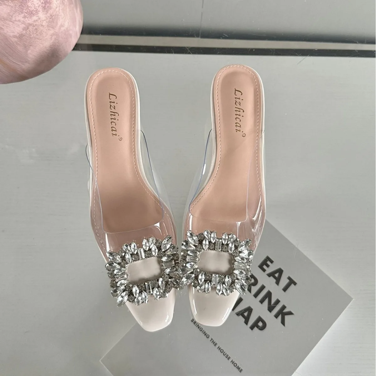 2024 New Summer Net Red Headed Sandals Transparent Crystal Fairy Style Pointed Thick Heels High Heels