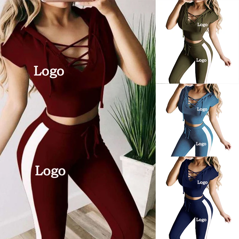 Customize your logo Women's lace-up hooded pants set sexy Slim short-sleeved jogging suit hooded sweatshirt sportswear new men suit casual 2 piece set men street short shirts shorts pants casual oversized comfortable clothes jogging training outfi