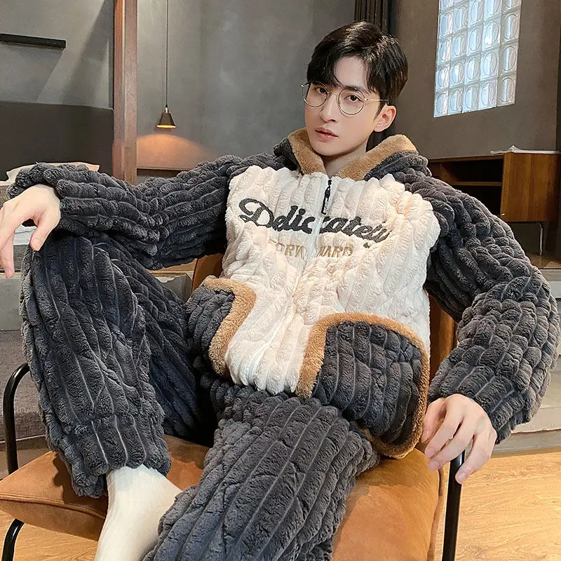 Hooded Pajamas Male Wintertime Extremely Thick Warm Coral Fleece Three Layers of Cotton Flannel Loungewear Set Pajamas for Men