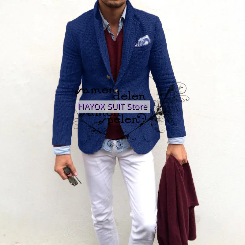 2022 Elegant Fashion Men's Tweed Blazers Set Slim Fit Single Breasted Multiple Pockets Costume Homme Tuxedo 6