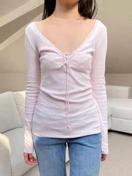 Lace Trim Pink Long Sleeve T-shirt Spring Sexy Bandage V-neck Cotton Slim Tshirt Top Casual Simple Sweet Cute Woman's Tees New 1