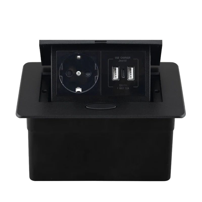 Desktop Power Socket with Dual USB and Type-C Interface, 220V Pop-Up Hidden EU Socket