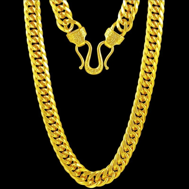 9999 24K real gold Flat Necklace Fu buckle Boss Bracelet For Men