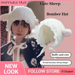 Lolita Lace Hat Handmade Sheep Ear Plush Women's Beret Autumn  Winter Cute Lamb Wool Bomber Caps Warm Y2K Plush Gorras