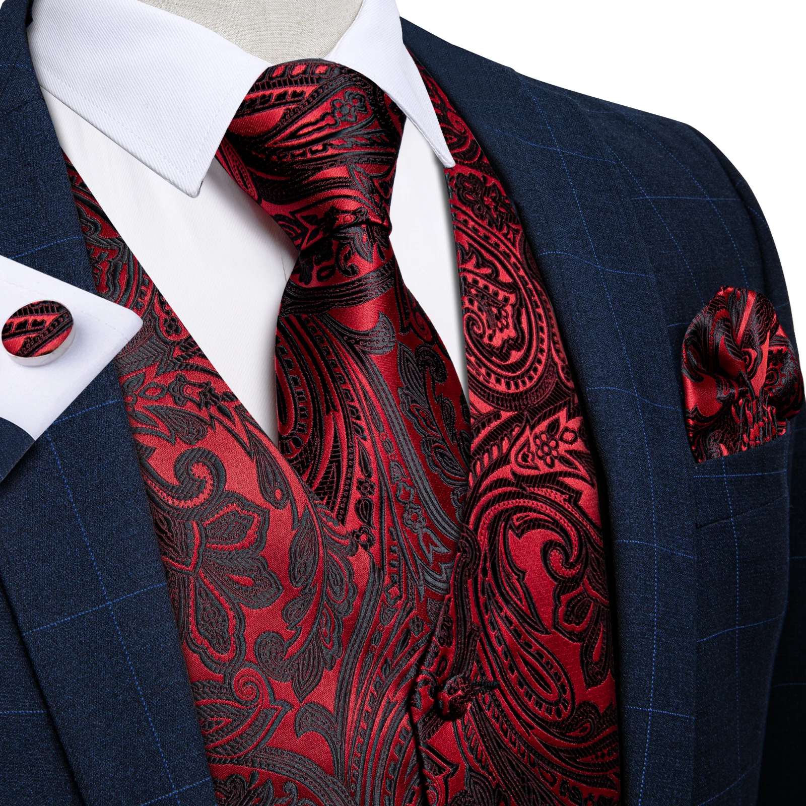 Red Black Floral Vest for Man Sleeveless V-neck Dress Business Man Waistcoat Spring Autumn Winter Tuxedo Tie Bowtie Handkerchief