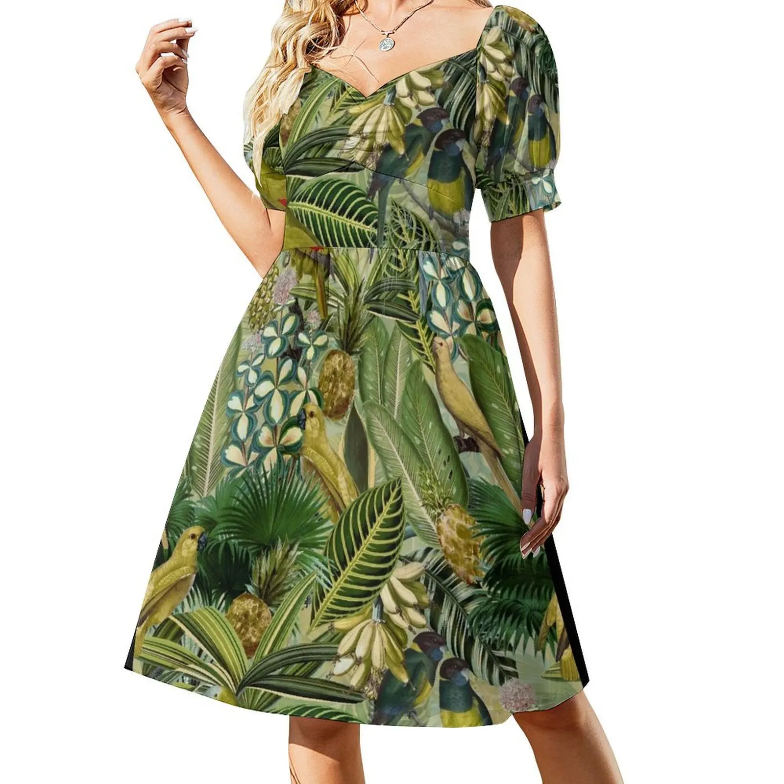 thumbnail image 1 of Vintage verde pájaro Tropical selva botánico noche jardín camisón vestido de manga corta mujer ropa vestido para mujer, 1 of 7