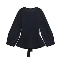 Spring Women Shoulder Pad Belt Knit Blazer Women Retro V-neck Long Sleeve Versatile Female Coat Women Clothes 9598/128 - Image 3