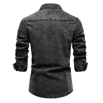 Men's Black Washed Classic Slim Pocket Jeans Shirt Fashion Handsome Fit Turn Down Neck Long Sleeve Denim Shirt Daily Wear 2