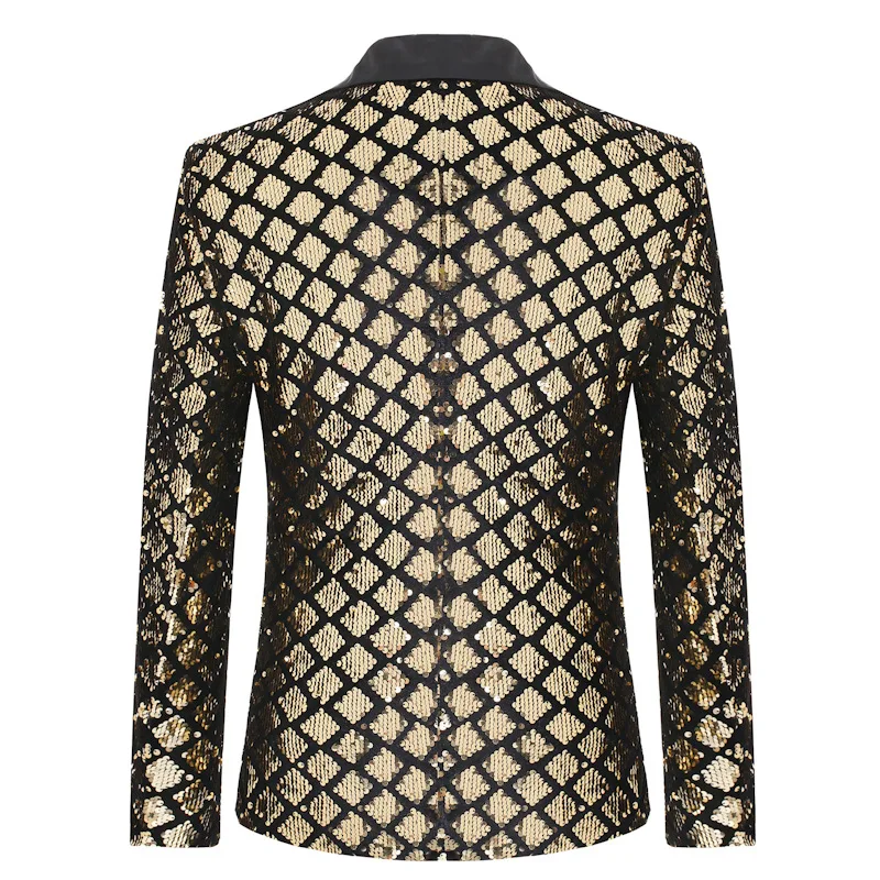 Mens Blazer Fashion Men Luxurious Sequin Plaid Suit Jacket Gold / Silver Singer Host Stage Party Loose Dress Blazer Coats