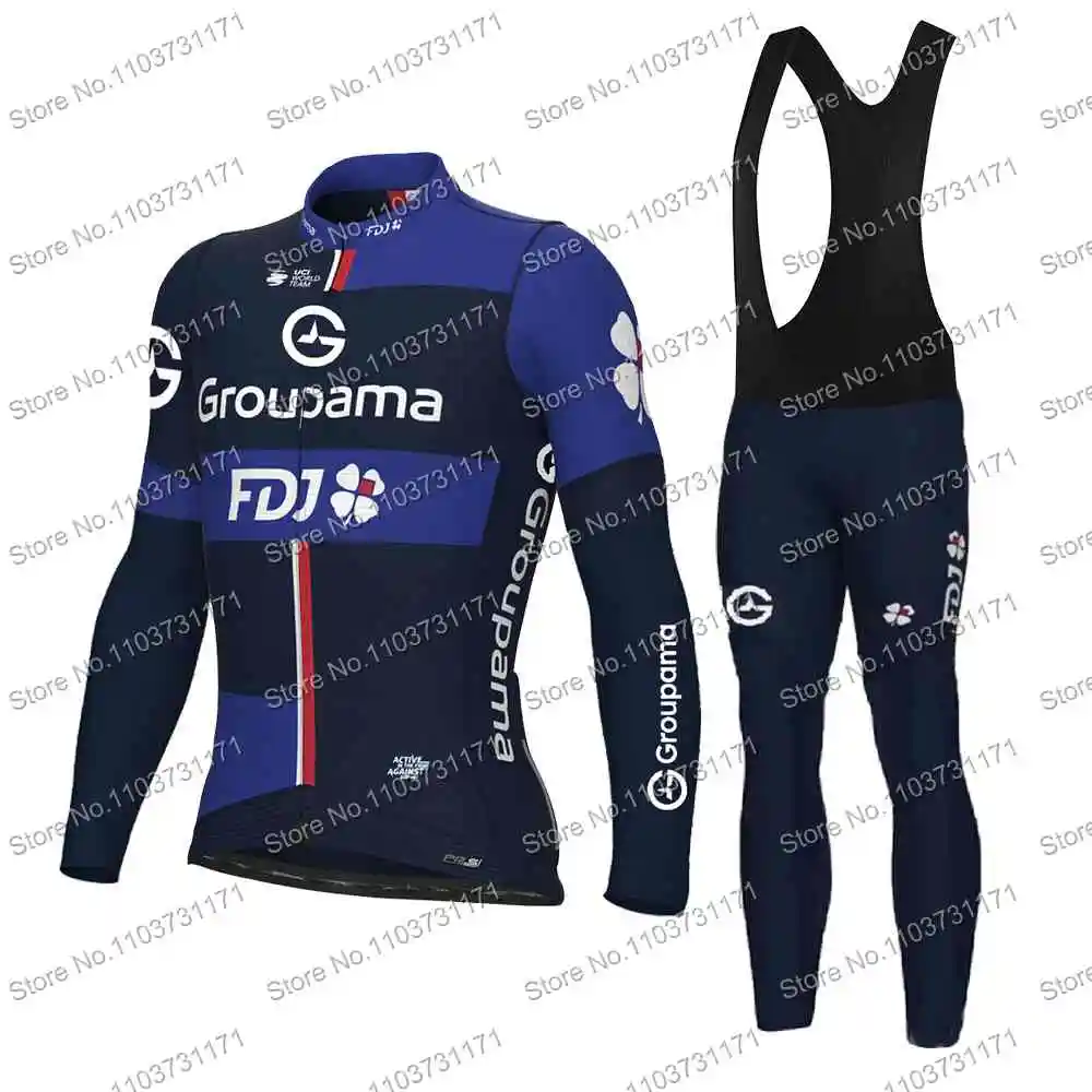 Team FDJ Cycling Jersey Set Long Sleeve France Cycling Clothing Mens Winter Thermal Bike Jacket Suit Bicycle Bib Tights
