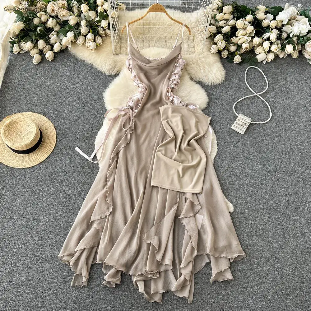 Summer Bandage Beach Chiffon Dress Women Fashion Sleeveless Backless Two-piece Dress Korean Style Evening Corset Slip Dresses