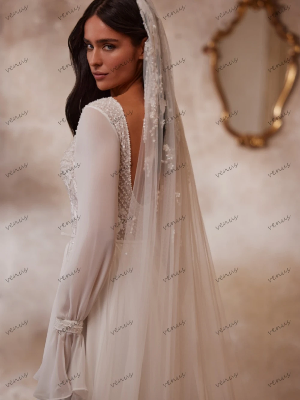 Simple Wedding Dresses A-Line Chiffon Bridal Gowns Elegant Long Puff Sleeves Robes For Formal Party Vestidos De Novia Customized 4