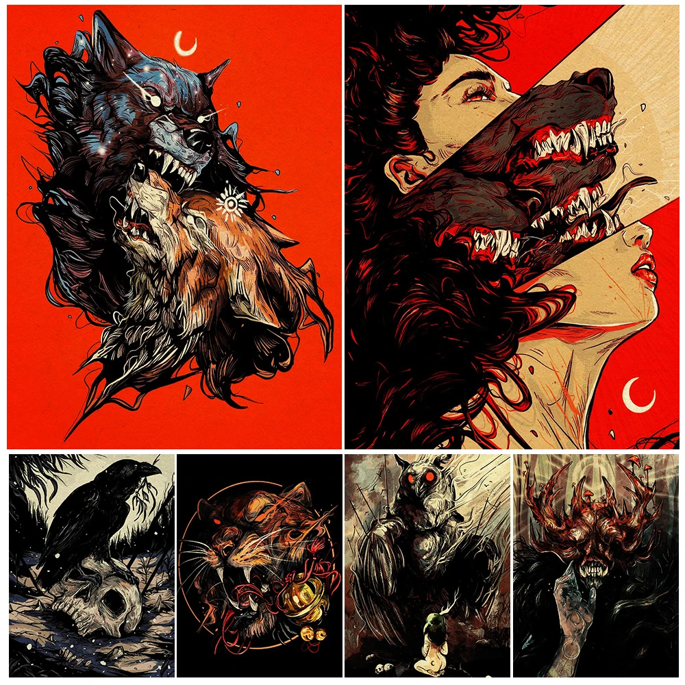 

Bad Wolves,Crows,Owls,Mysterious Wild Magical Creatures,Wall Art Canvas Painting Fantasy Witchcraft Art Poster Print Home Decor