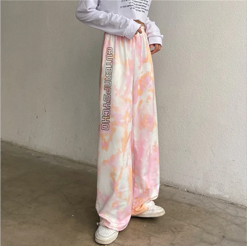 Women's Trousers All-match Elastic High Waist Sports Tie-dyed Loose Straight Leg Trousers Fashion Casual Harajuku Jogging Pants