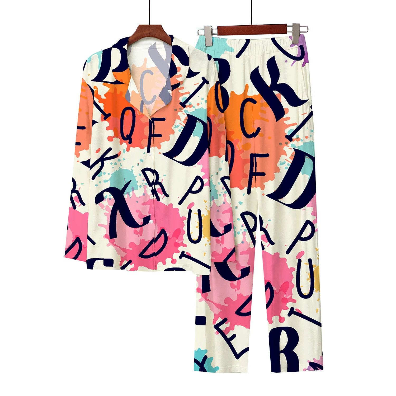 Spring Autumn 2023 New 3D Digital Printing Fashion Letter Button Cardigan Imitation Cotton Sleepwear Nightwear Home Casual Set