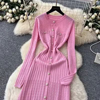YuooMuoo Brand Fashion Aesthetic Patchwork Knitted Maxi Dress Autumn Winter Women Luxury Shirt Sweater Dress Office Lady Vestido - Image 5