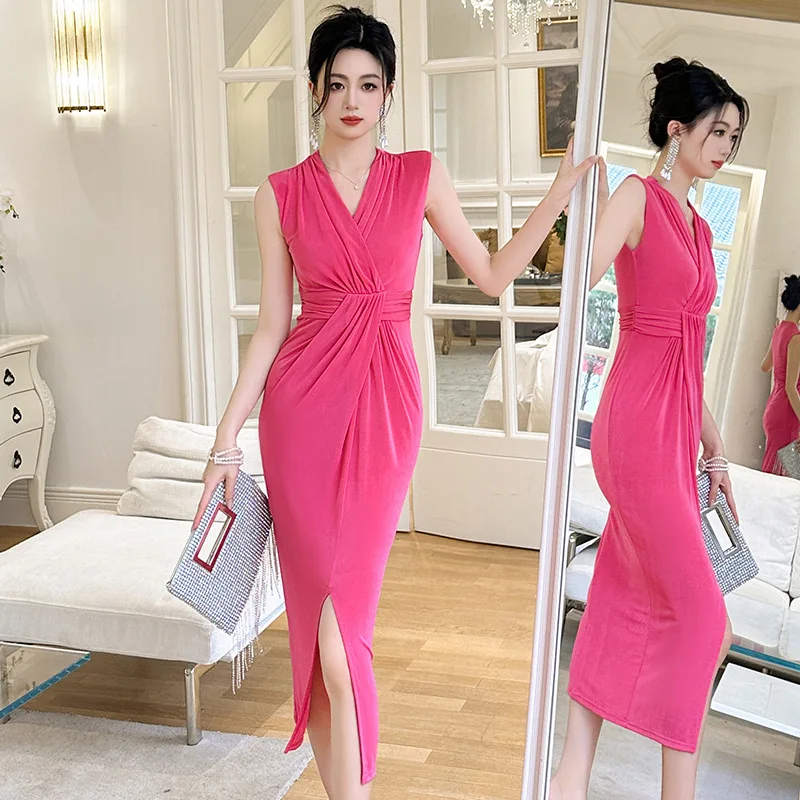 

2024 Summer French Light Luxury V-neck Fold Wrap Hip Sleeveless Dress 10346