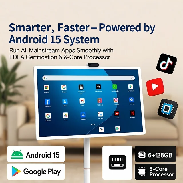 Écran intelligent Android 15 6G + 128G de 32 pouces, TV sur pied avec télécommande, appel vidéo de caméra 2K, alimentation par batterie intégrée 148WH 1