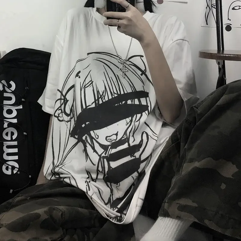 Women's Goth Graphic T-Shirt - Harajuku Anime Print Short Sleeve Top, Loose Fit, Cotton Blend | Novelty Casual Tee