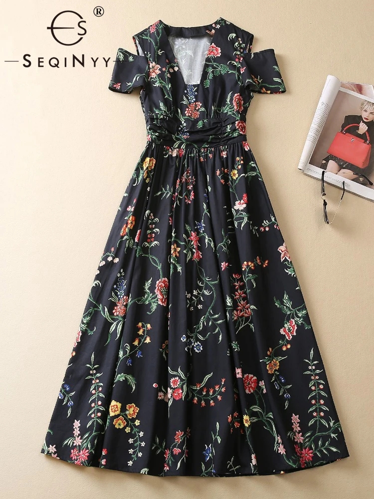 

SEQINYY Black Midi Dress Summer Spring New Fashion Design Women Runway High Street Short Sleeve Vintage Flowers Print Casual