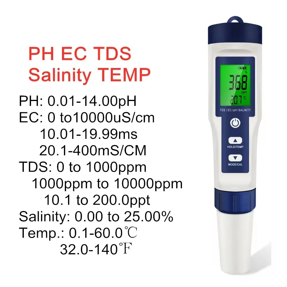 5 IN 1 PH Temperature TDS EC Salinity Meter Digital Waterproof With Automatic Calibration Function Water Quality PH Tester water tester ph meter water quality detector