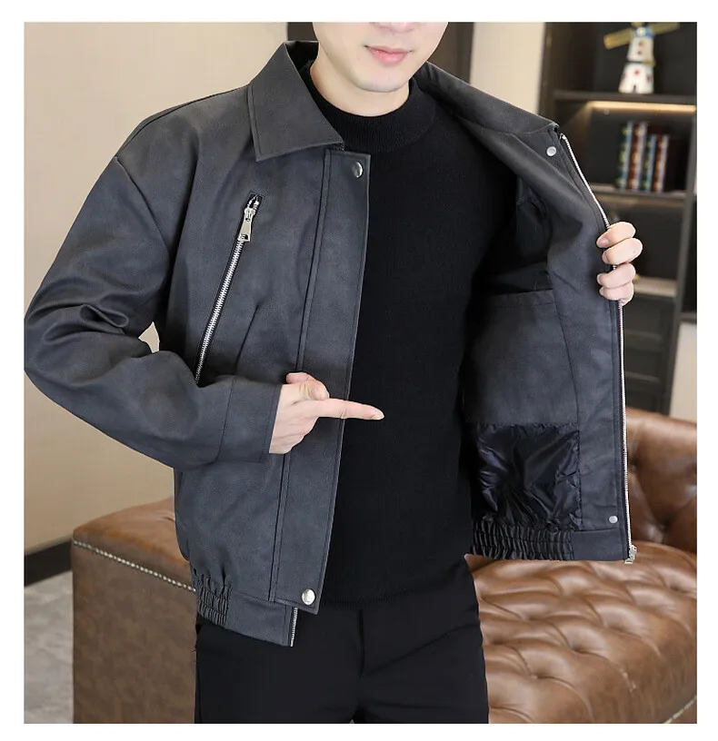 Hochwertige Herren-Freizeitjacken aus PU-Leder 2026 Frühling Herbst Streetwear Lockere Kunstledermäntel Jugendliche Motorrad-Oberteile Parkas – Detail 18