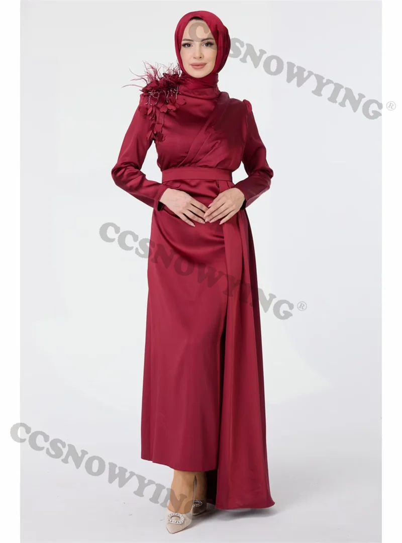 

Burgundy Satin Appliques Muslim Evening Dresses Long Sleeve Islamic Formal Party Gown Women Arabic Dubai Robe De Soiree