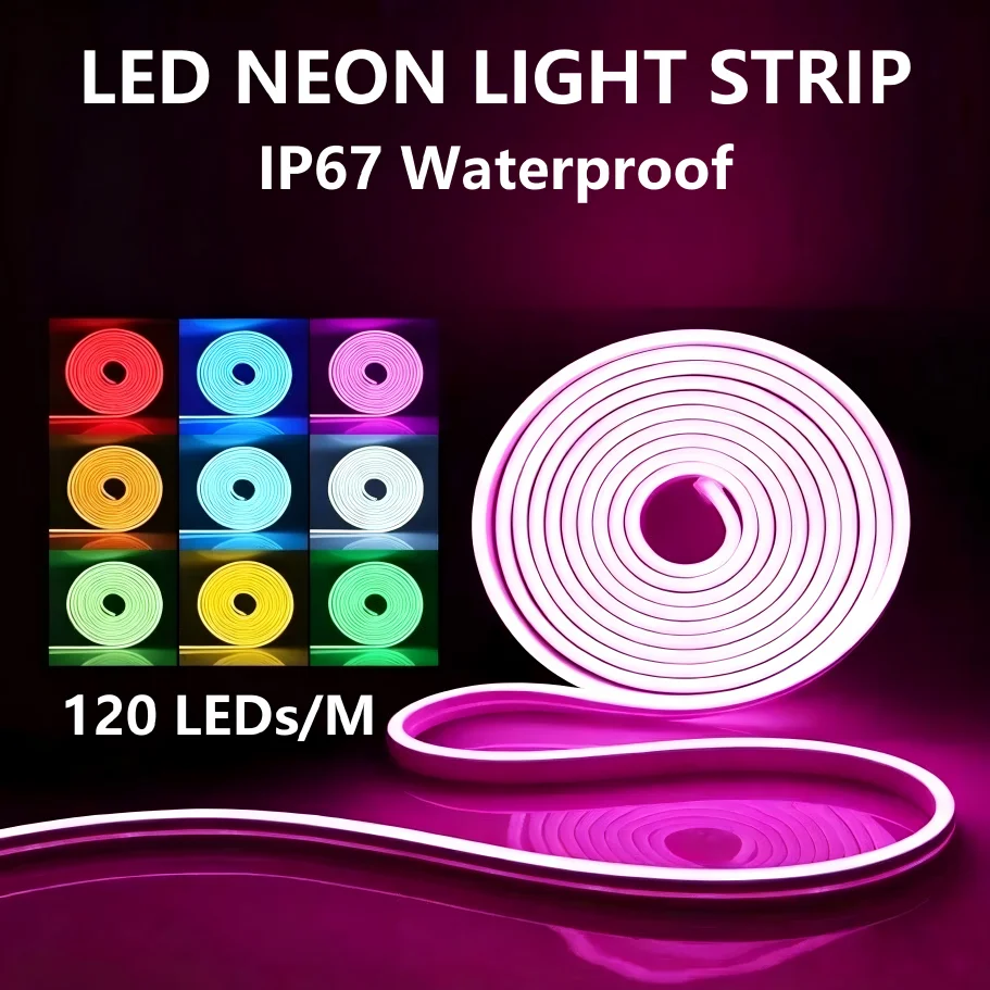 12V SMD2835 Neon LED Strip 120LEDs/M Flexible Silicone Light IP67 Waterproof With 2Pin Wire/DC Plug for DIY Indoor Outdoor Decor