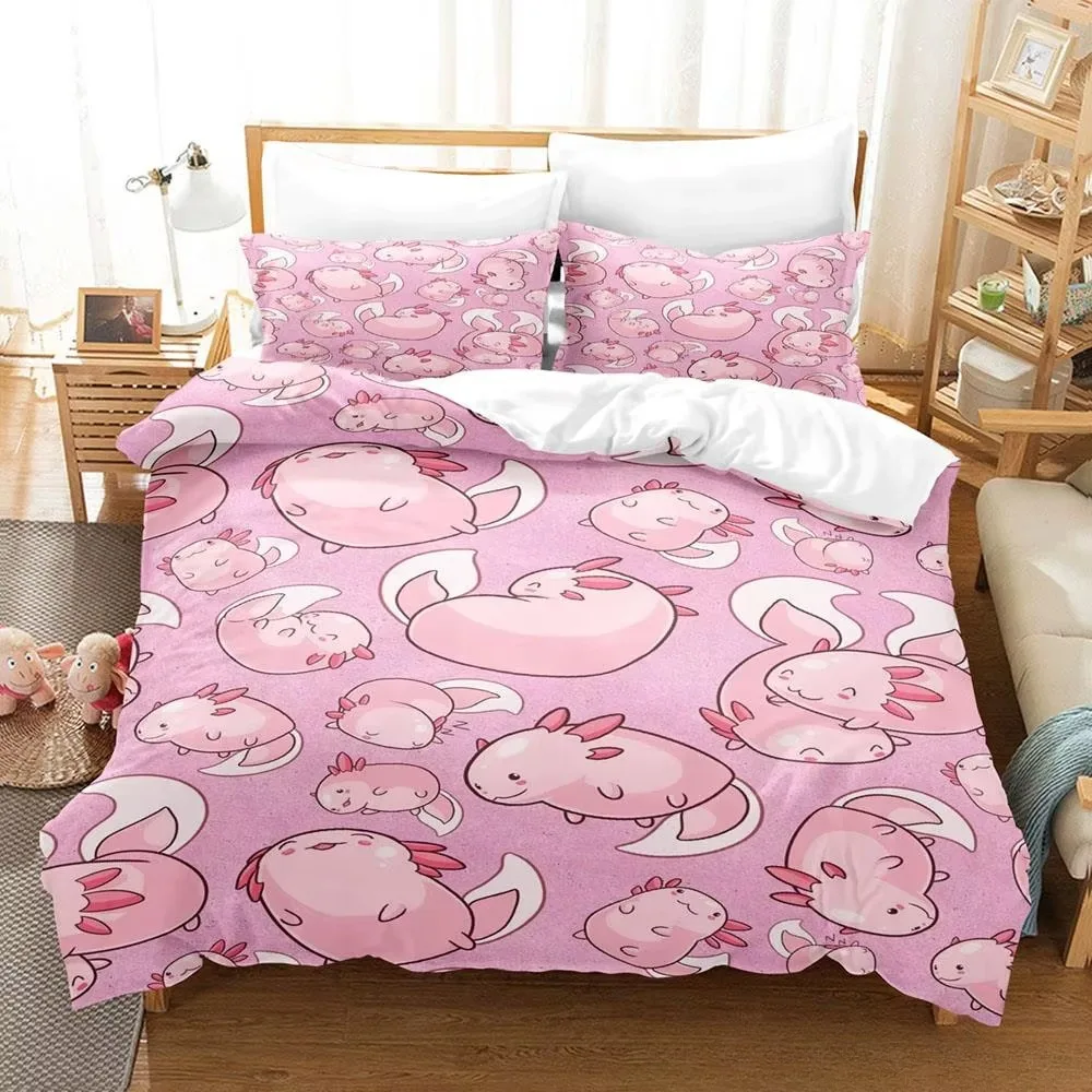 Kawaii Animal Axolotl Bedding Set Bed Cover Adult Kid Bedroom Decor Duvet Cover Pillow Case Set Single Twin Full Queen King Size 5