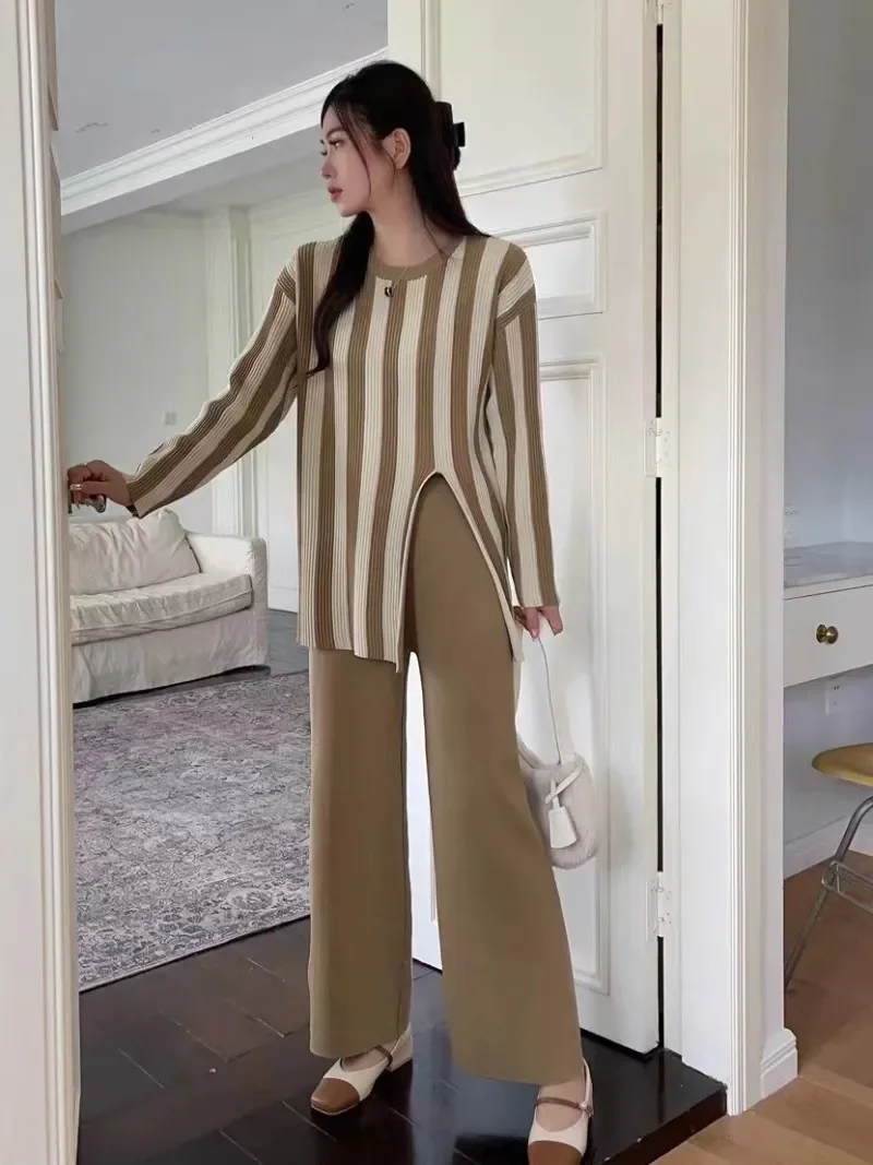 Striped Knitwear Fashion 2 Piece-Set For Women Contrast Long Sleeve Split Straight Trousers Outfits Women's Pants Sets