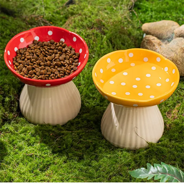Cute Cartoon Mushroom Ceramic Pet Bowl High Foot Protection for Cervical Spine Feeder  for Puppy Dog Small Cat Pet Accessories 4