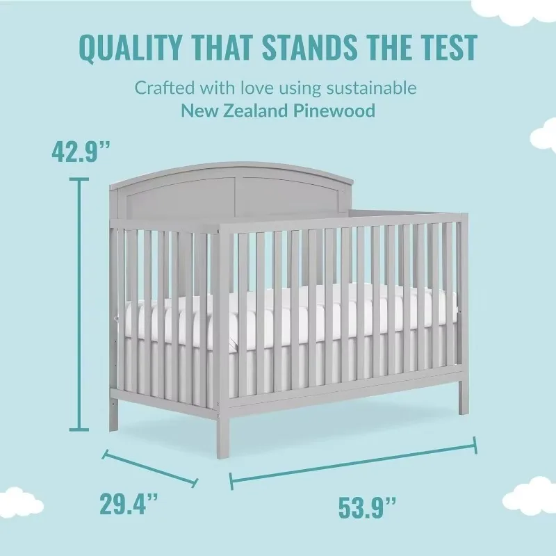 5 in 1 Convertible Crib in Pebble Grey, JPMA & Greenguard Gold Certified, Built of Sustainable Pinewood 2
