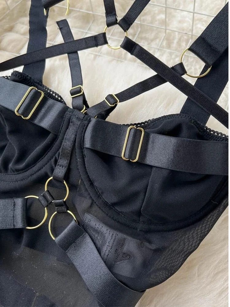 Halter Neck Strappy Women's Bodysuit Slim Fit Sexy Sheer Playsuit Black Erotic Lingerie Lace Up Transparent Pajama Nightwear