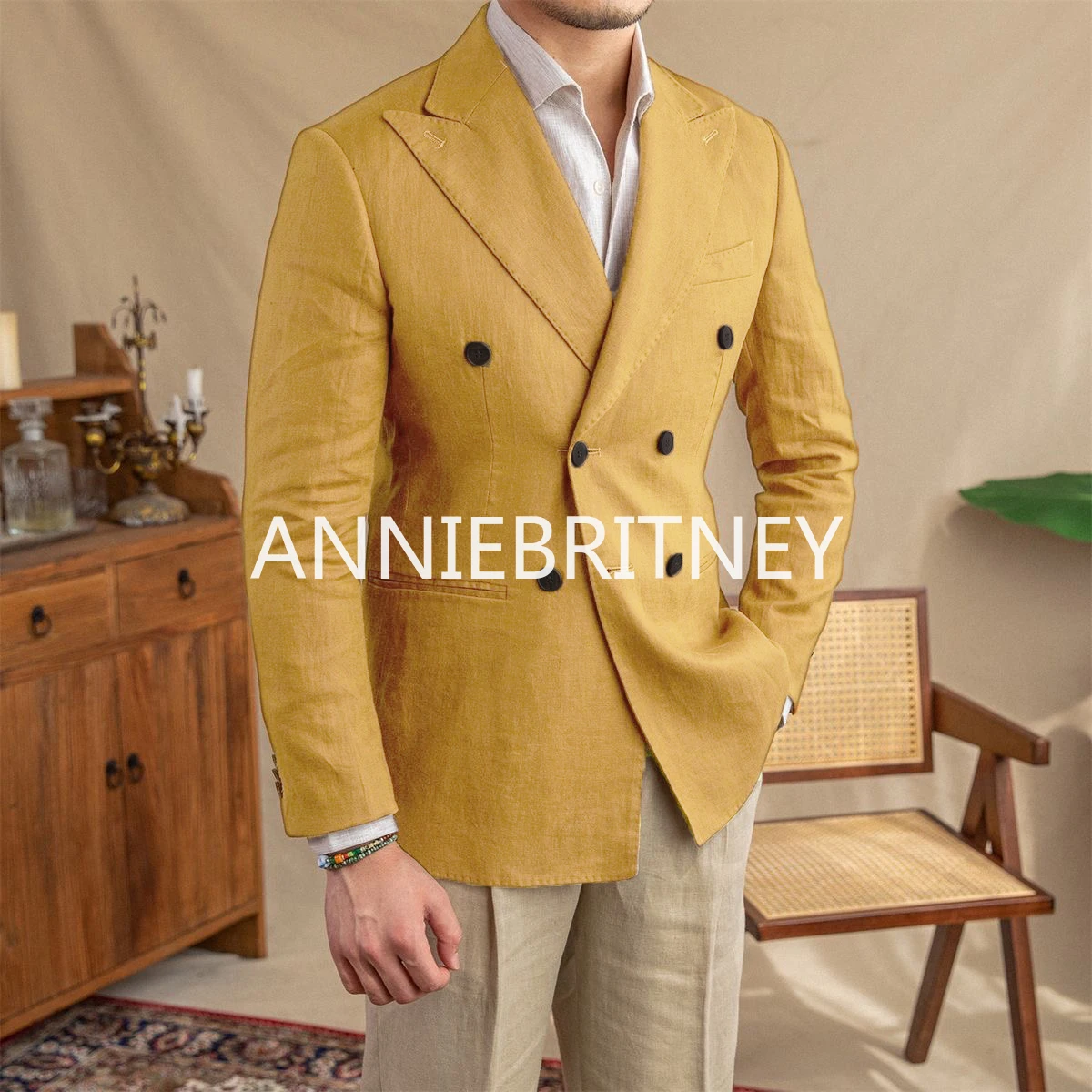 Casual Summer Linen Men Blazer Hombre Double Breasted High Quality Slim Fit Elegant Jacket Fashion Prom Jaqueta Masculina