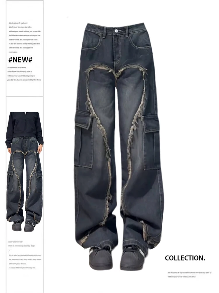

Women's Blue Cargo Jeans Baggy Vintage Oversize Cowboy Pants Harajuku Loose Straight Denim Trousers 90s Y2k Trashy 2000s Clothes