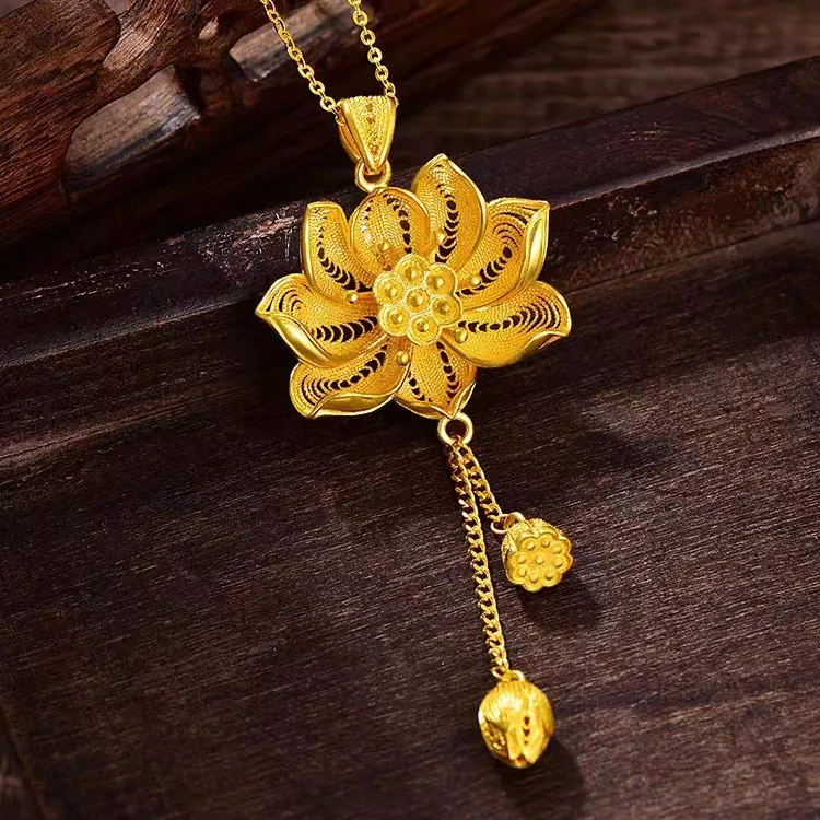Silk Lotus Pendant Real 18K Gold Plating Women's National Tide