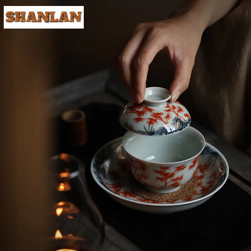 125ml Ancient Blue Glazed Handmade Cover Bowl Set Household Hand-painted Red Bamboo Gaiwan Vintage Tea Tureen Tea Maker Gift