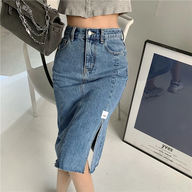 

2023 Splt Denim Skirts For Women Korean Fashion Slim Knee-length Jupes Spring Summer Skirt Female Casual Wear 0061
